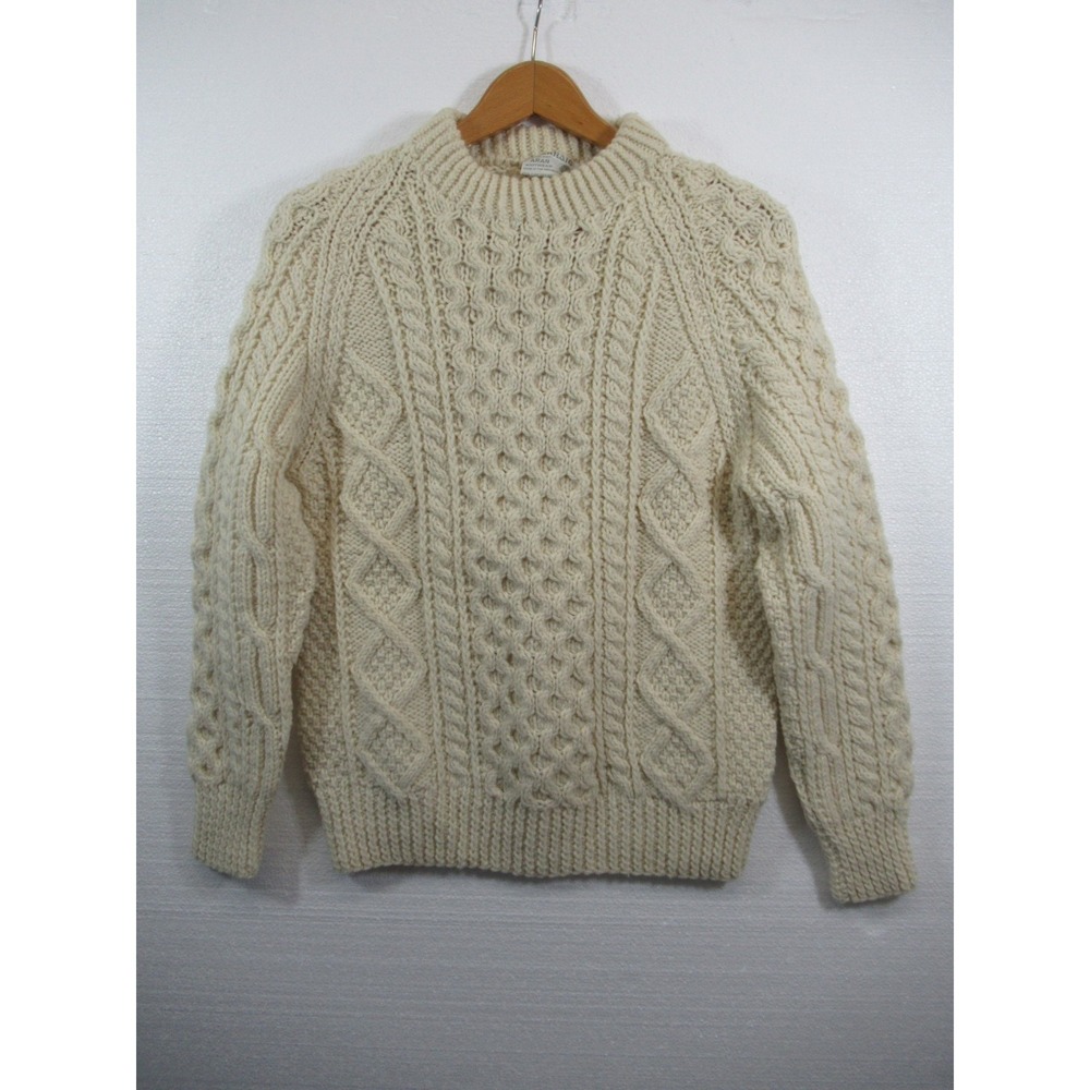 Vintage Carraig Hand Knit Aran Wool Fisherman Sweater Women Ivory